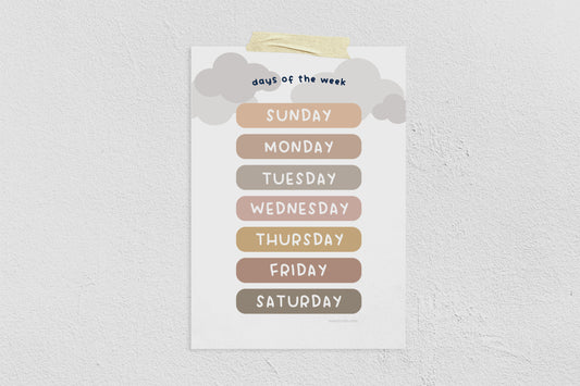 Digital Download, Printable - Days of the Week, Educational Poster